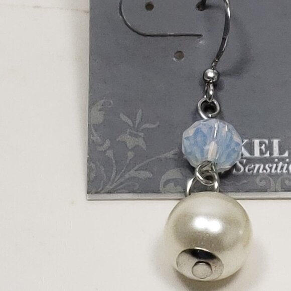 Silver tone Off-White, Blue Beads Drop Dangle Earrings- 1.75" - Jewelry - Picture 5 of 7